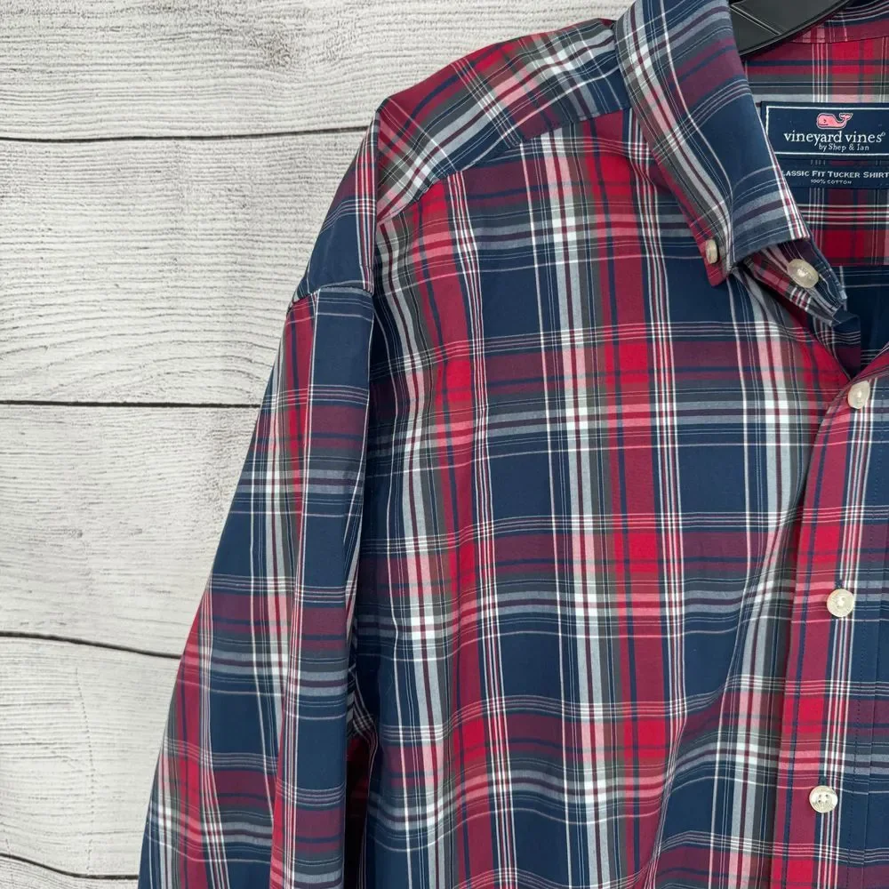 Vineyard Vines Classic Fit Tucker Plaid Button-Down Shirt Medium Navy Red Casual